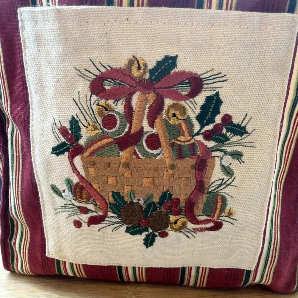 VTG Longaberger Holiday Stripe 2005 Tote Bag 23154166 Christmas Embroidered